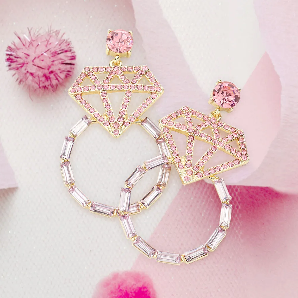 Pink Multi Crystal Diamond Ring Dangle Evening Earrings