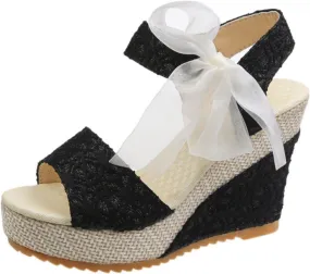 Platform Wedge Sandals for Womens Non Slip Open Toe Elegant Wedge Sandals Cute Lace-Up Espadrille Floral Classic Ankle Strap Shoes Wedding Party Dress Shoes