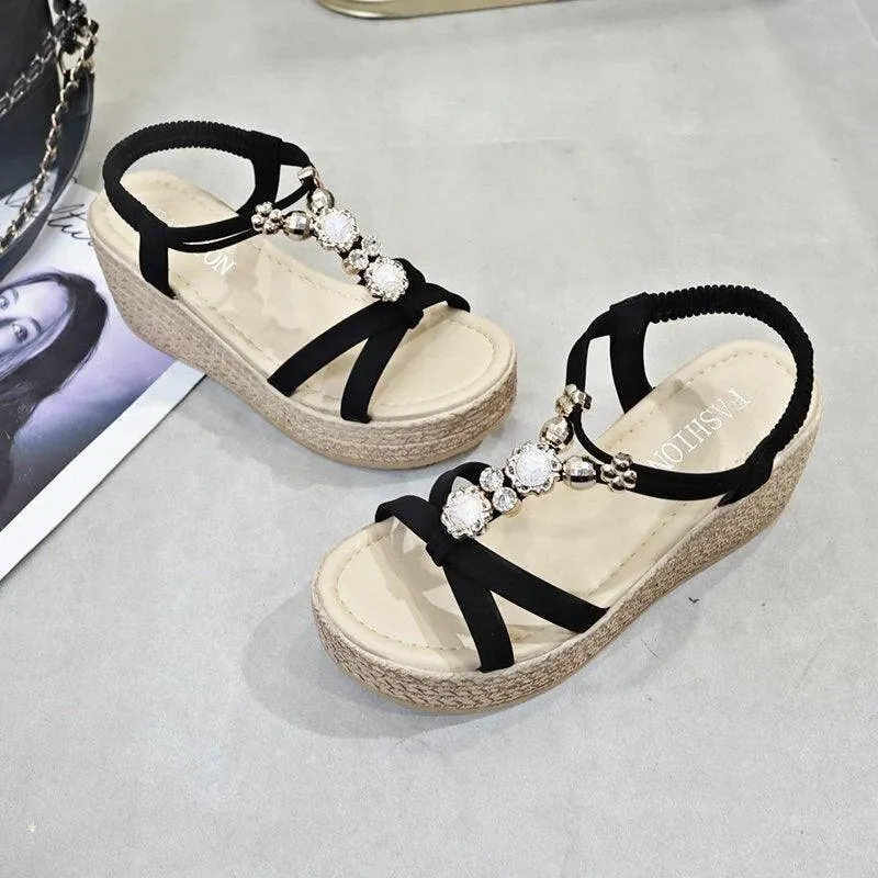 Rhinestone Strap Wedge Sandals