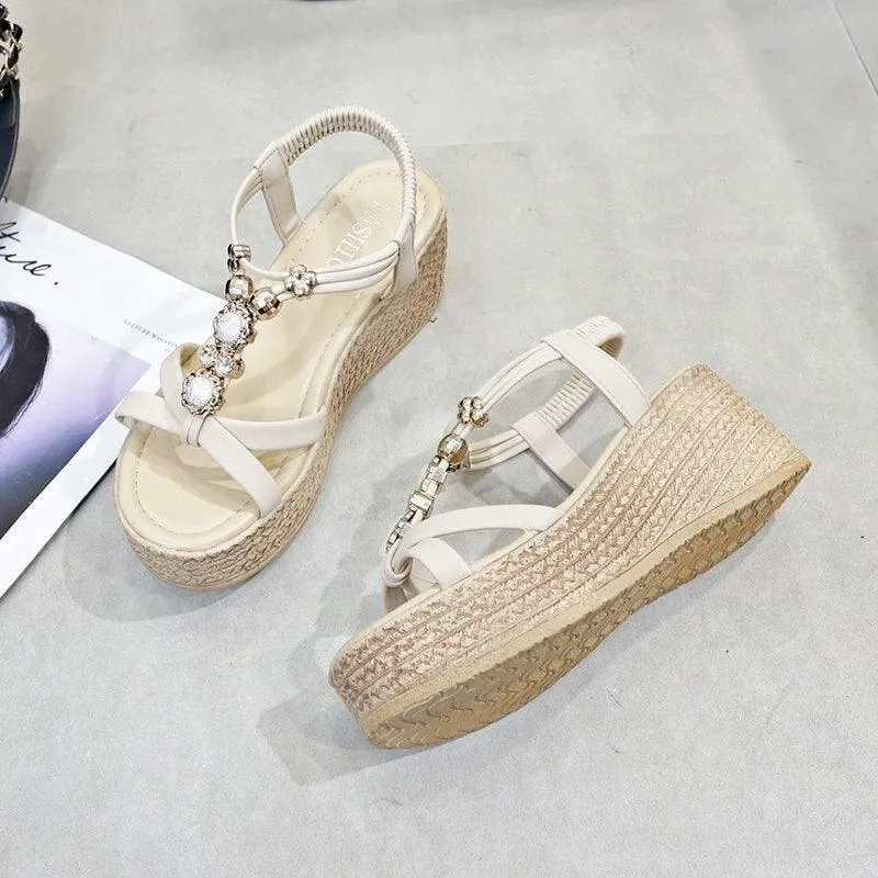 Rhinestone Strap Wedge Sandals