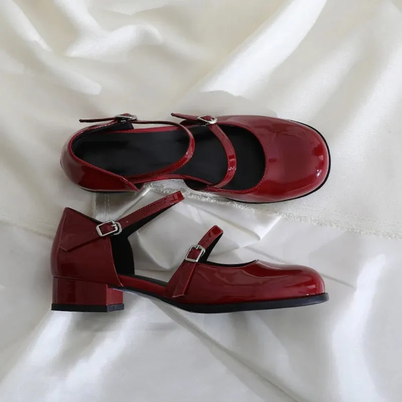 summer spring Women Double Buckle Mary Janes Shoes Patent Leather Dress Shoes High Heels Pumps Retro Ladies Shoe Black Red