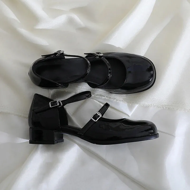 summer spring Women Double Buckle Mary Janes Shoes Patent Leather Dress Shoes High Heels Pumps Retro Ladies Shoe Black Red