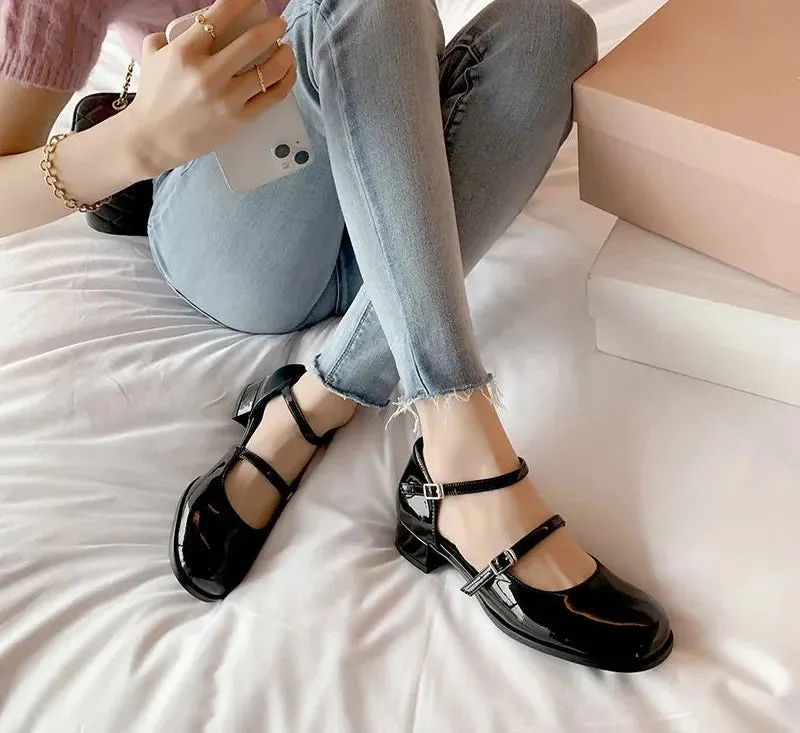 summer spring Women Double Buckle Mary Janes Shoes Patent Leather Dress Shoes High Heels Pumps Retro Ladies Shoe Black Red