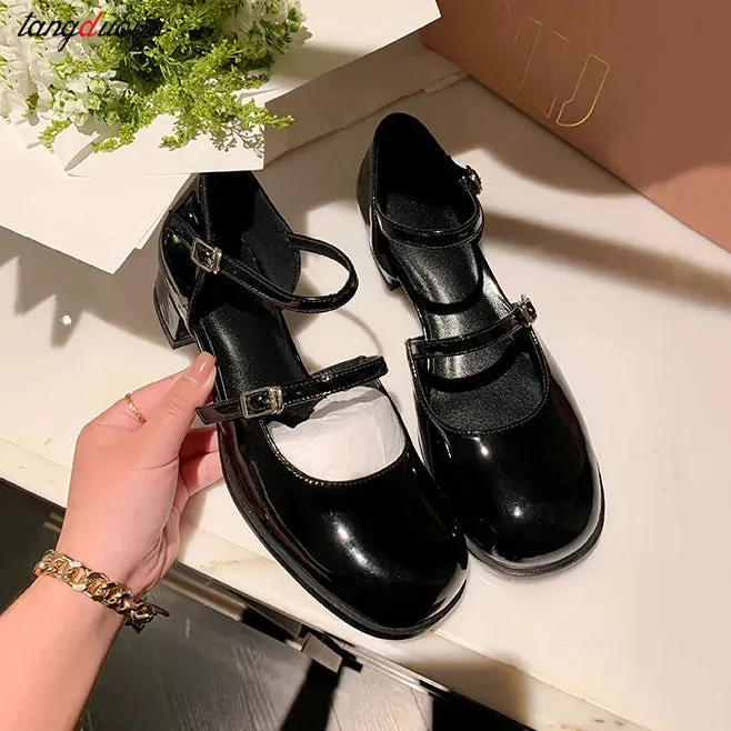 summer spring Women Double Buckle Mary Janes Shoes Patent Leather Dress Shoes High Heels Pumps Retro Ladies Shoe Black Red