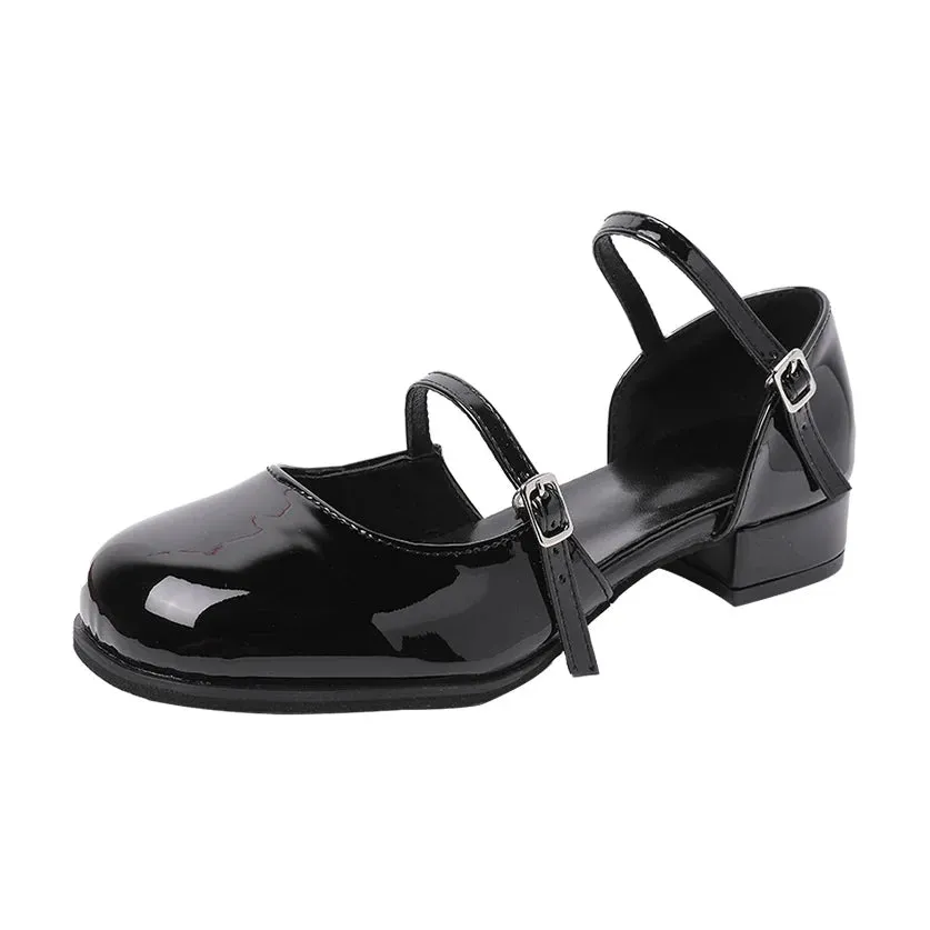 summer spring Women Double Buckle Mary Janes Shoes Patent Leather Dress Shoes High Heels Pumps Retro Ladies Shoe Black Red