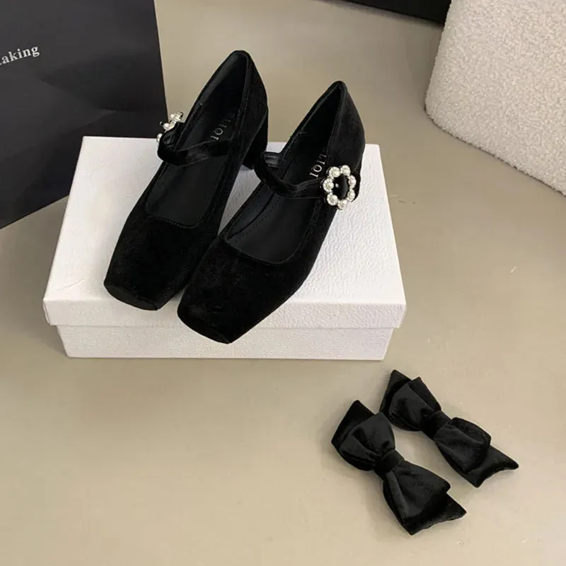 TAVIMART  -  2025 Spring New Fashion Thick Low Heels Shoes Women Sweet Bow Knot Mary Janes Shoes French Velvet Pumps Party Dress Pumps Mujer