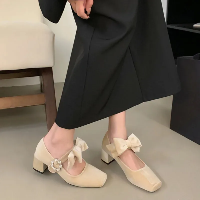 TAVIMART  -  2025 Spring New Fashion Thick Low Heels Shoes Women Sweet Bow Knot Mary Janes Shoes French Velvet Pumps Party Dress Pumps Mujer