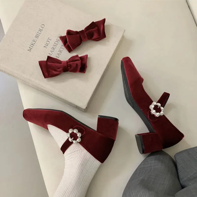 TAVIMART  -  2025 Spring New Fashion Thick Low Heels Shoes Women Sweet Bow Knot Mary Janes Shoes French Velvet Pumps Party Dress Pumps Mujer