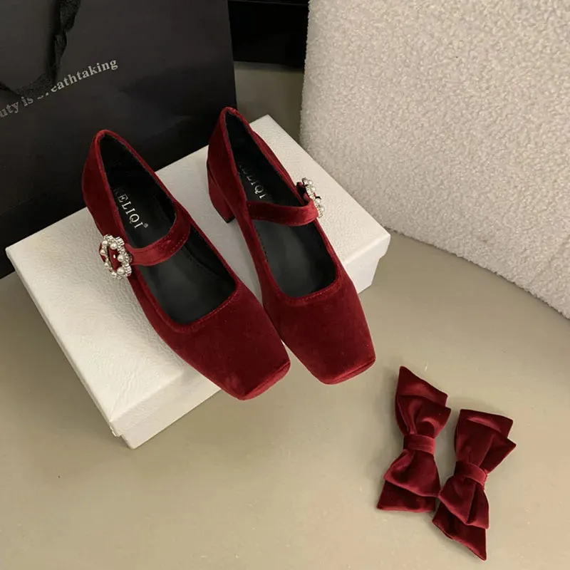TAVIMART  -  2025 Spring New Fashion Thick Low Heels Shoes Women Sweet Bow Knot Mary Janes Shoes French Velvet Pumps Party Dress Pumps Mujer