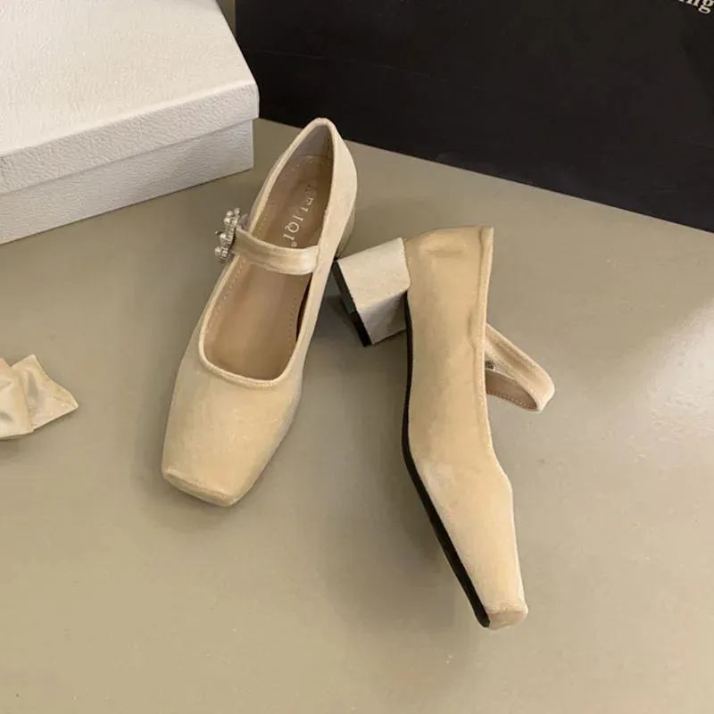 TAVIMART  -  2025 Spring New Fashion Thick Low Heels Shoes Women Sweet Bow Knot Mary Janes Shoes French Velvet Pumps Party Dress Pumps Mujer