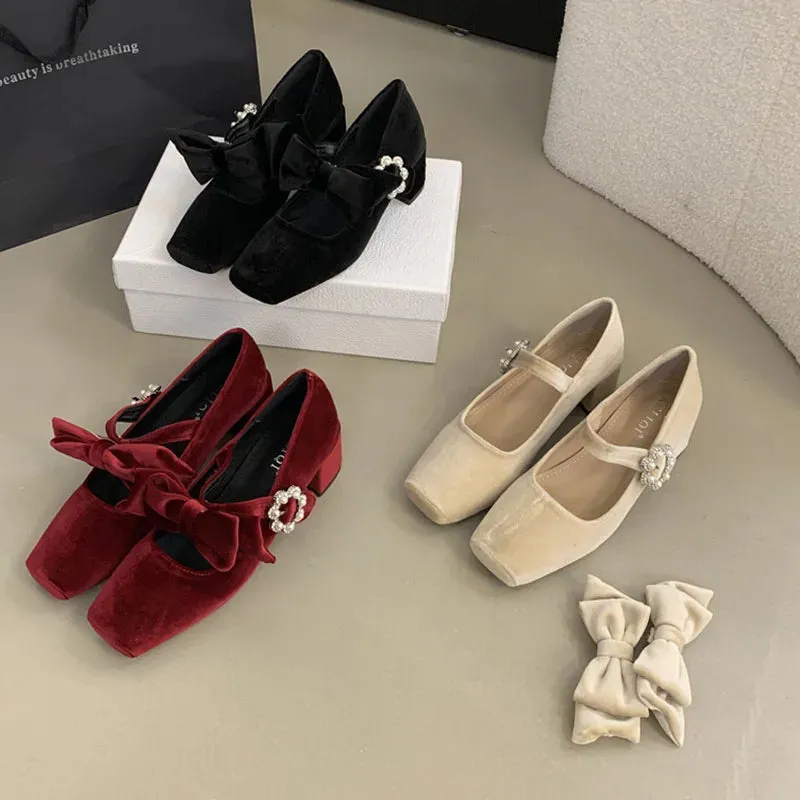 TAVIMART  -  2025 Spring New Fashion Thick Low Heels Shoes Women Sweet Bow Knot Mary Janes Shoes French Velvet Pumps Party Dress Pumps Mujer