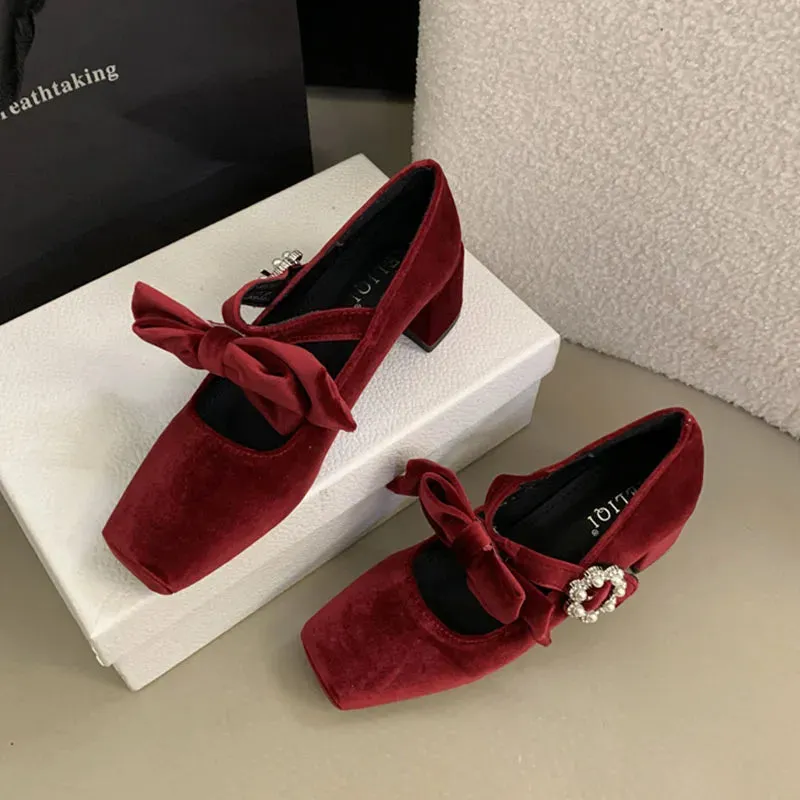 TAVIMART  -  2025 Spring New Fashion Thick Low Heels Shoes Women Sweet Bow Knot Mary Janes Shoes French Velvet Pumps Party Dress Pumps Mujer