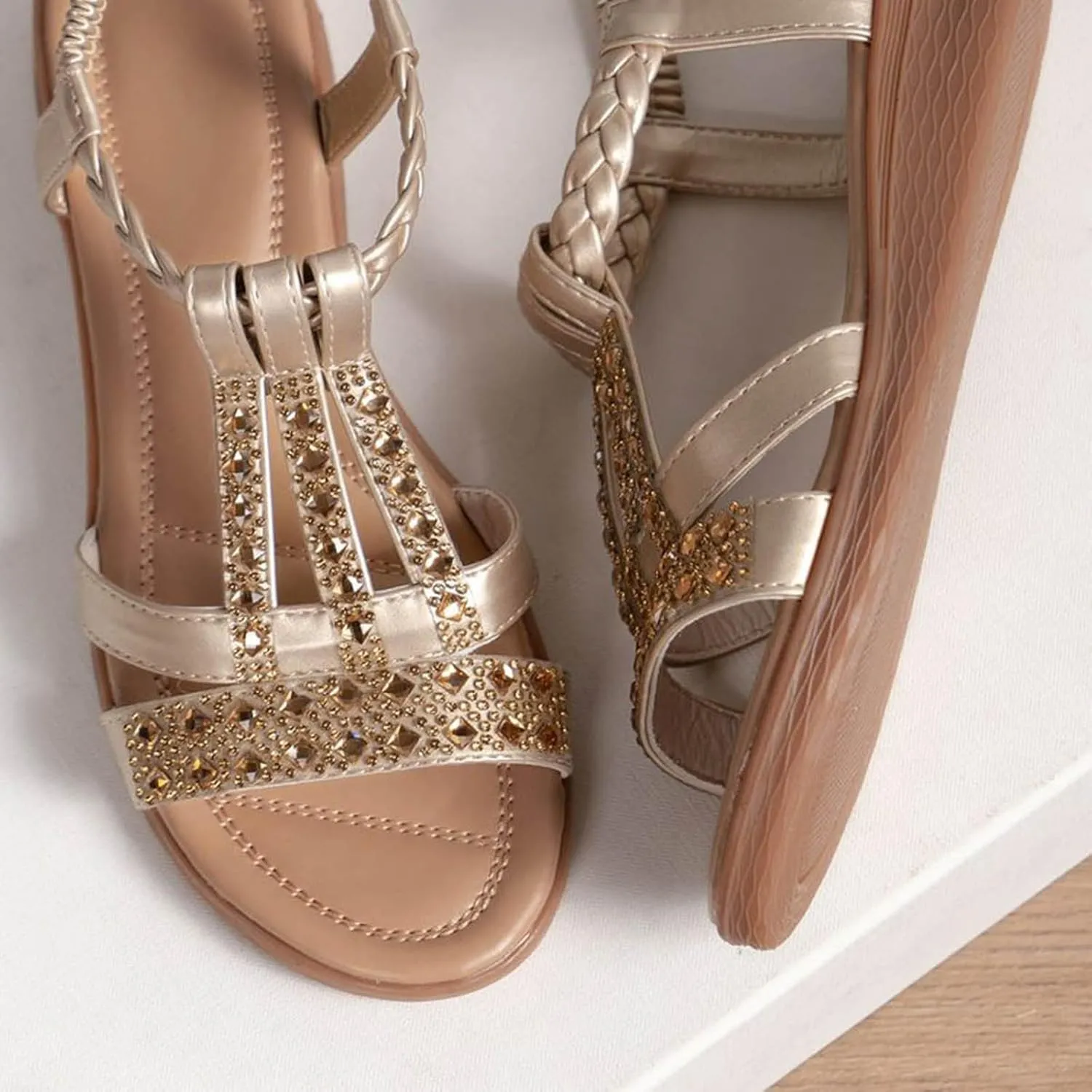 Wedge Sandals for Women,Comfortable Open Toe Sandal T-Strap Rhinestone Beaded Bohemia Beach Shoes with Arch Support