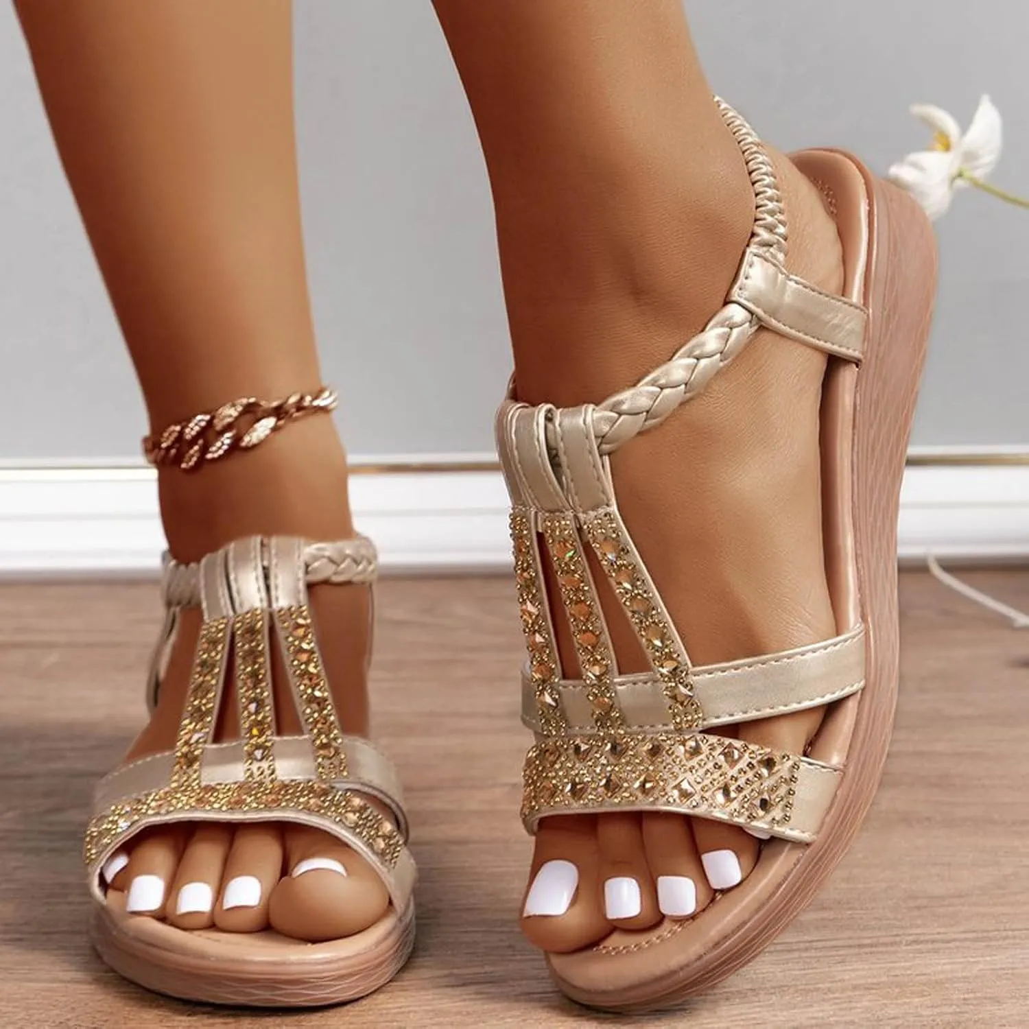 Wedge Sandals for Women,Comfortable Open Toe Sandal T-Strap Rhinestone Beaded Bohemia Beach Shoes with Arch Support