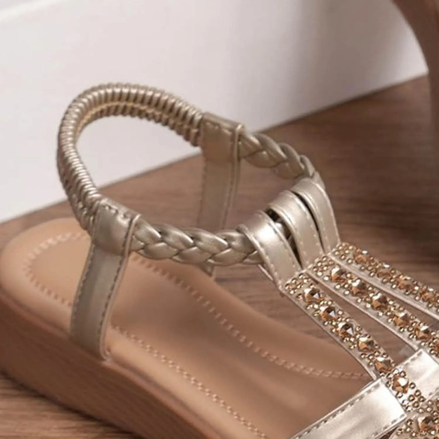 Wedge Sandals for Women,Comfortable Open Toe Sandal T-Strap Rhinestone Beaded Bohemia Beach Shoes with Arch Support