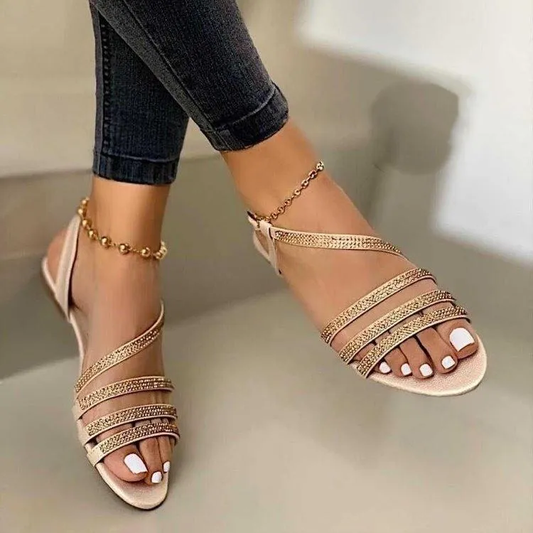 Women bling rhinestone strappy 
flat buckle strap sandals