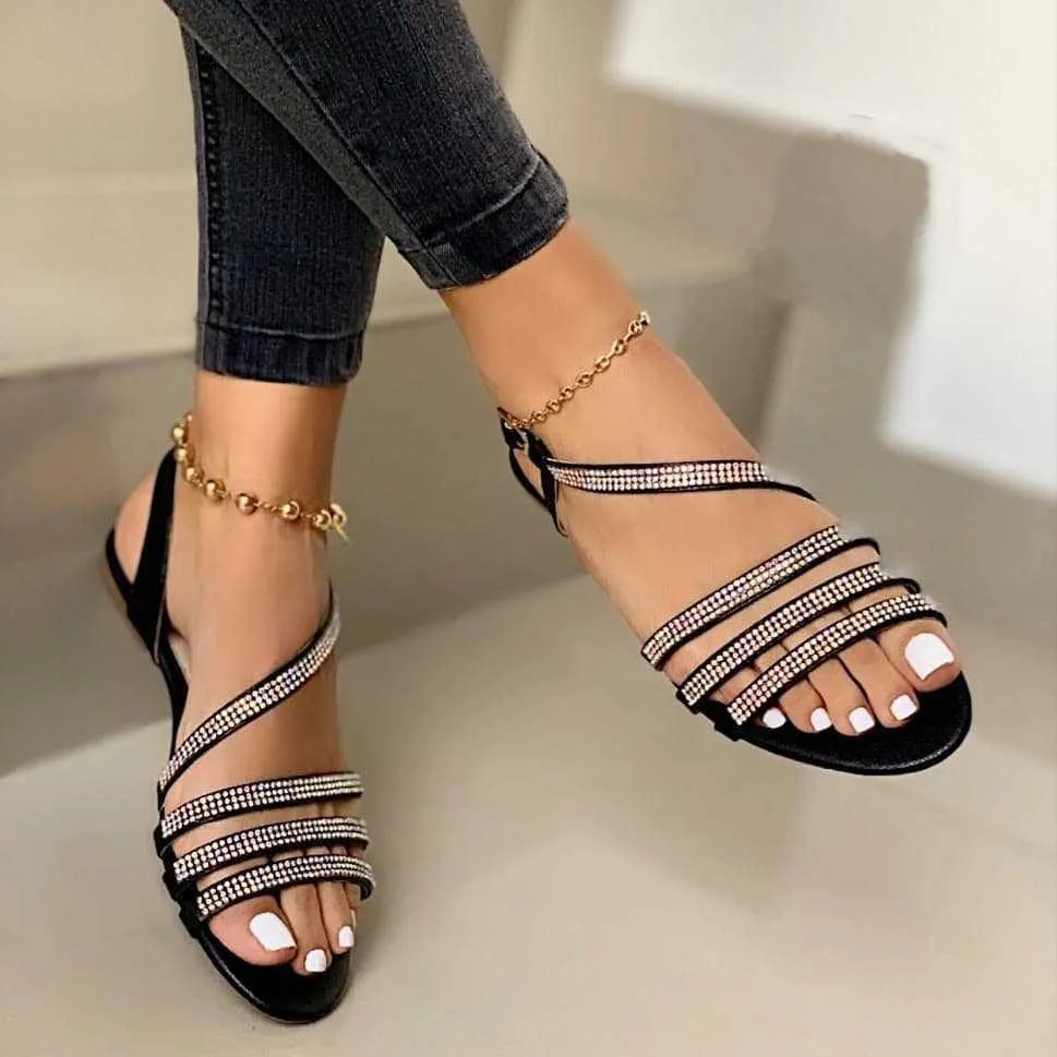 Women bling rhinestone strappy 
flat buckle strap sandals