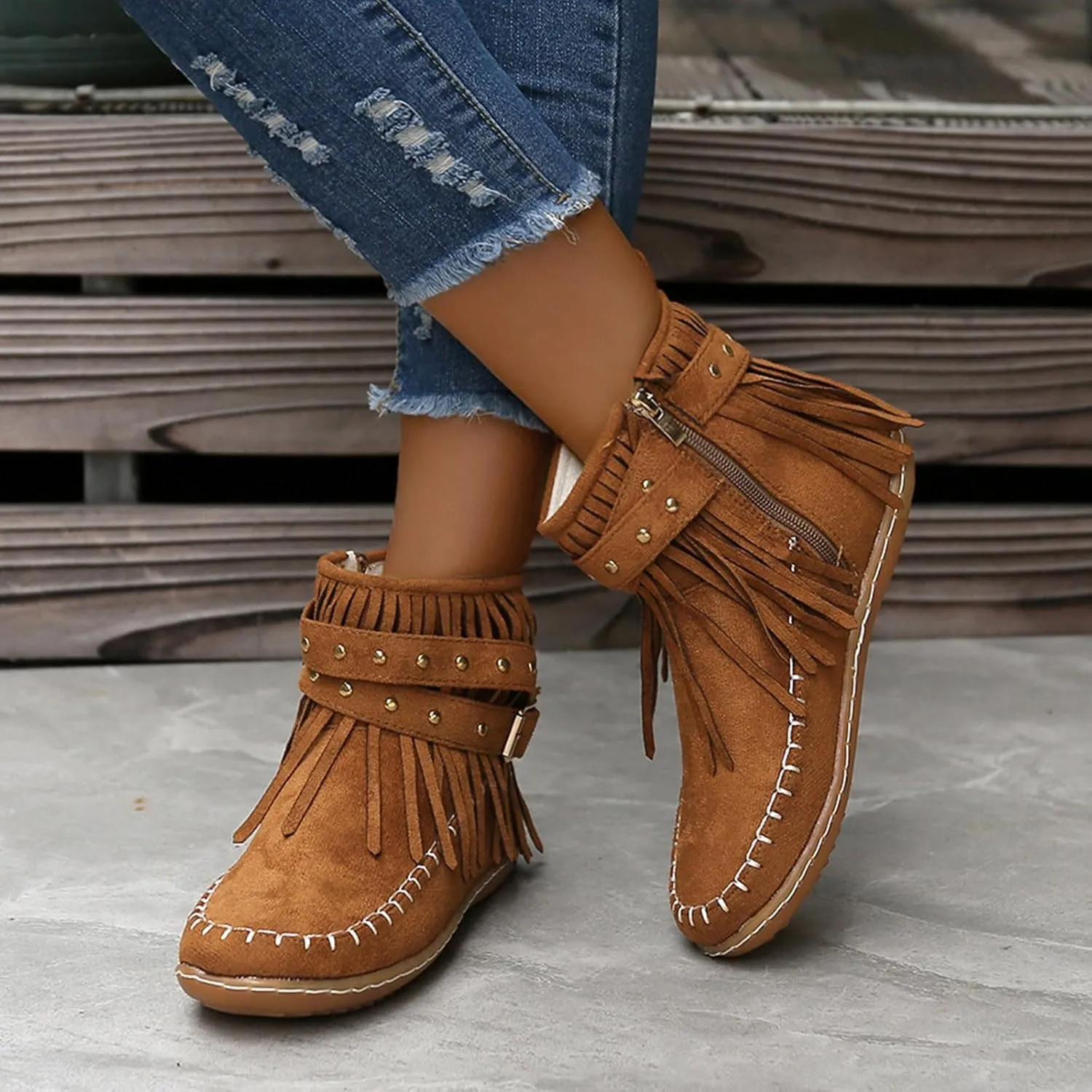 Women's Fringe Ankle Boots Flats Cowboy Boots Warm Walking Boots Winter Slouch Moccasin Boots Western Short Boots