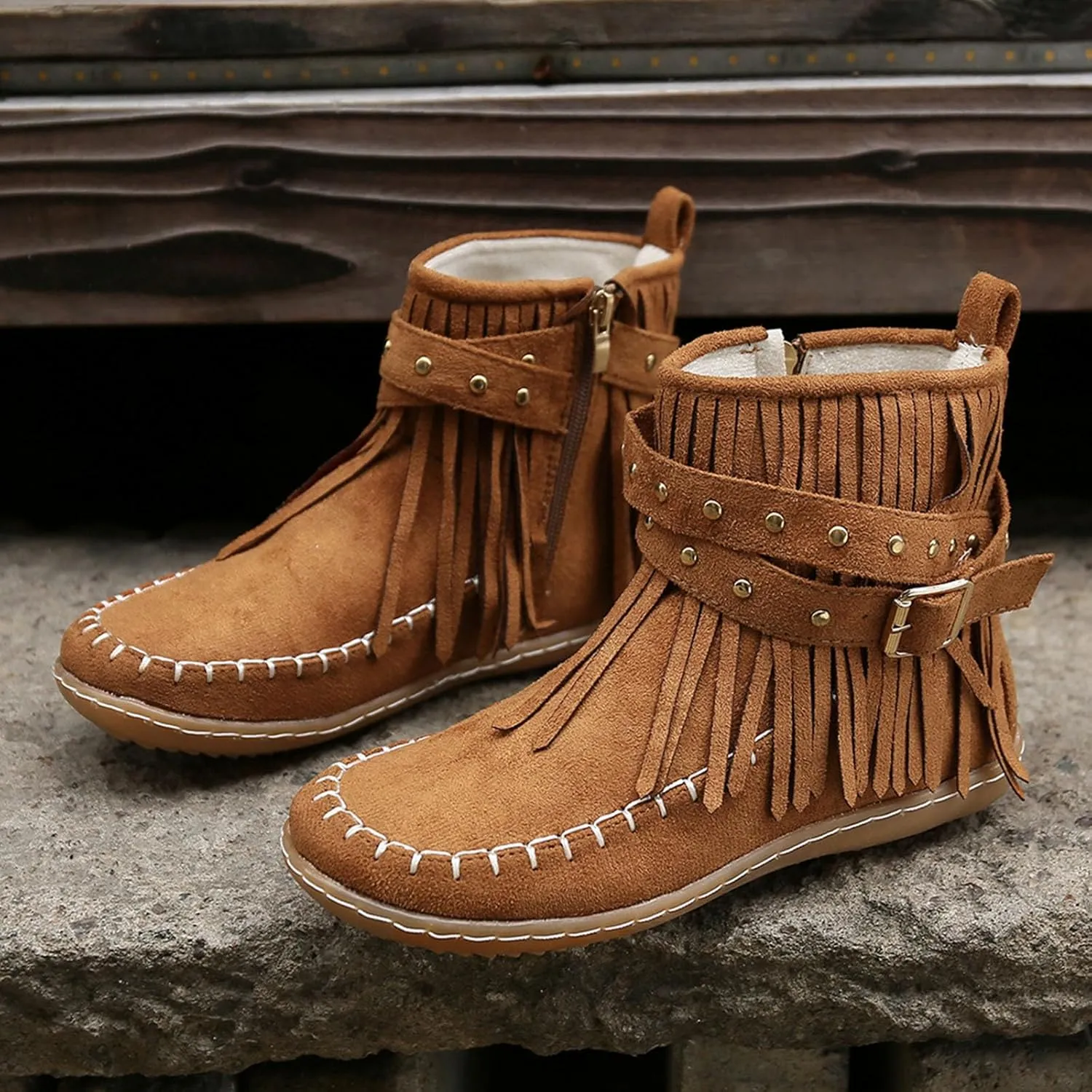 Women's Fringe Ankle Boots Flats Cowboy Boots Warm Walking Boots Winter Slouch Moccasin Boots Western Short Boots