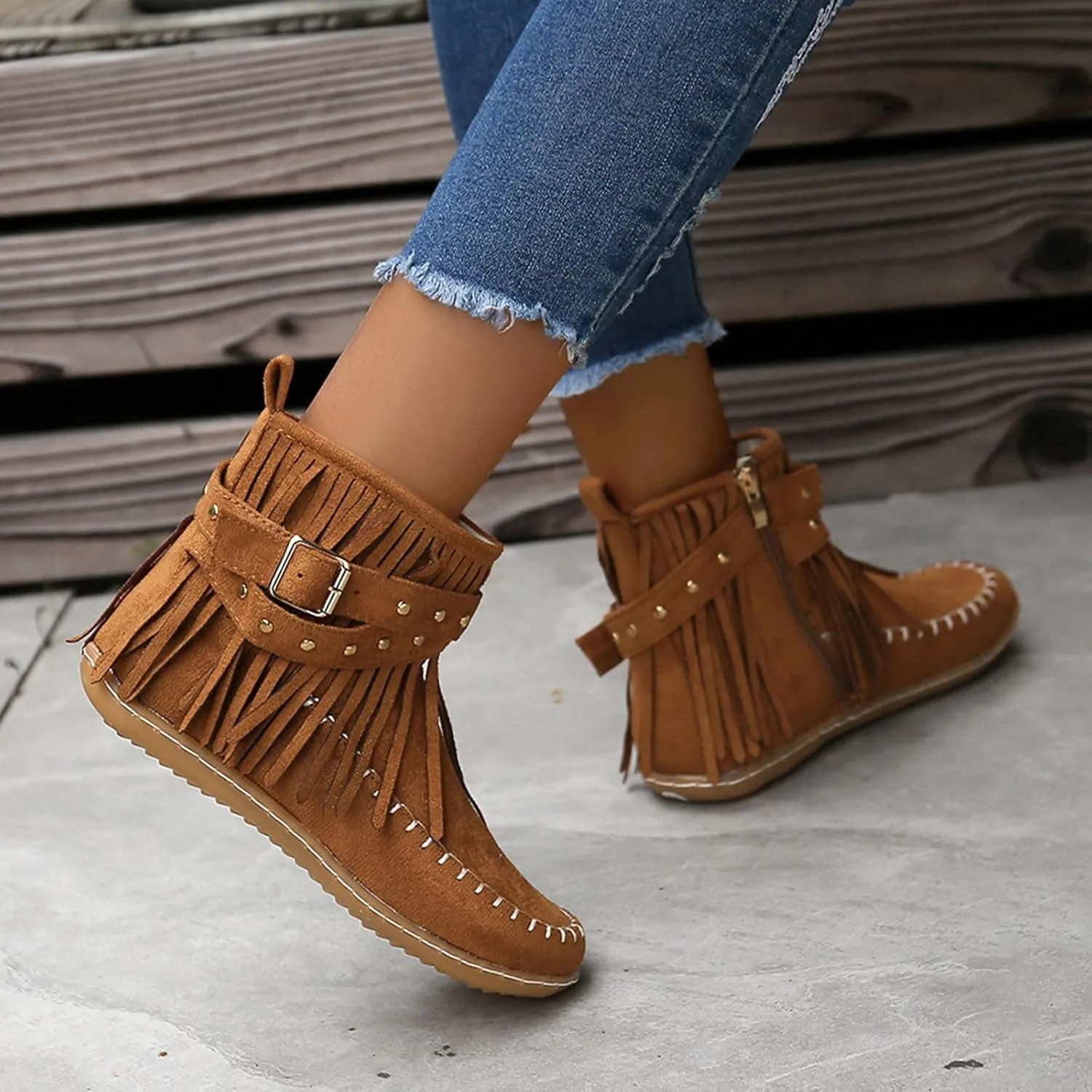 Women's Fringe Ankle Boots Flats Cowboy Boots Warm Walking Boots Winter Slouch Moccasin Boots Western Short Boots