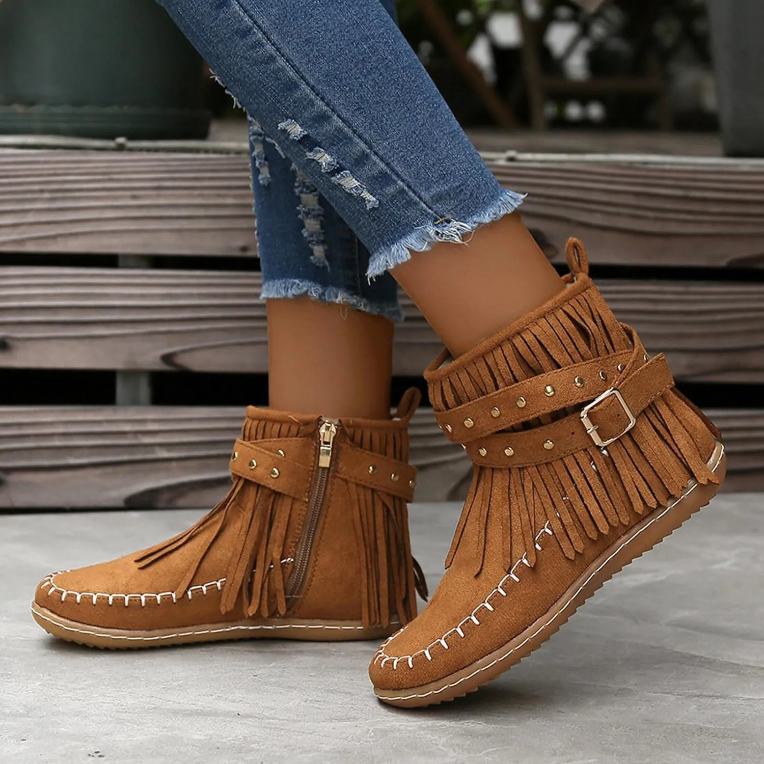 Women's Fringe Ankle Boots Flats Cowboy Boots Warm Walking Boots Winter Slouch Moccasin Boots Western Short Boots