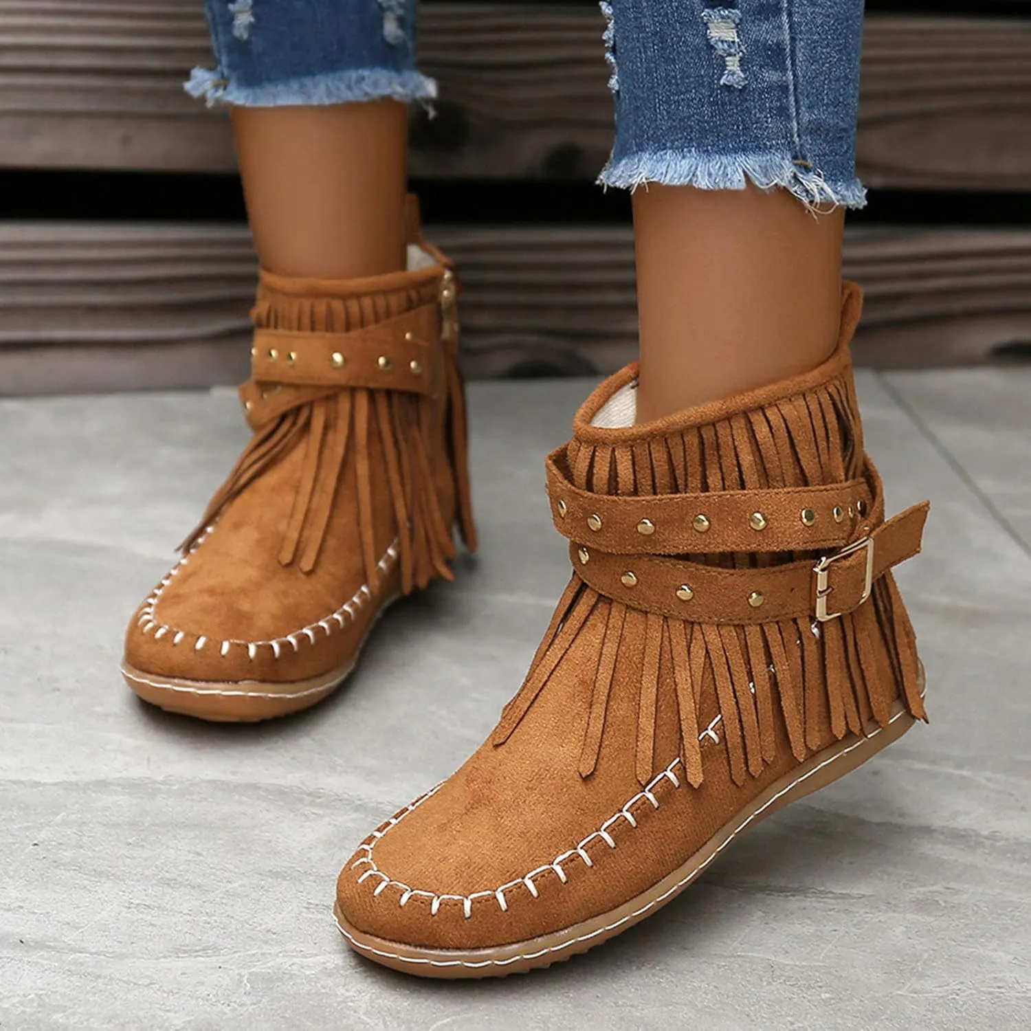 Women's Fringe Ankle Boots Flats Cowboy Boots Warm Walking Boots Winter Slouch Moccasin Boots Western Short Boots