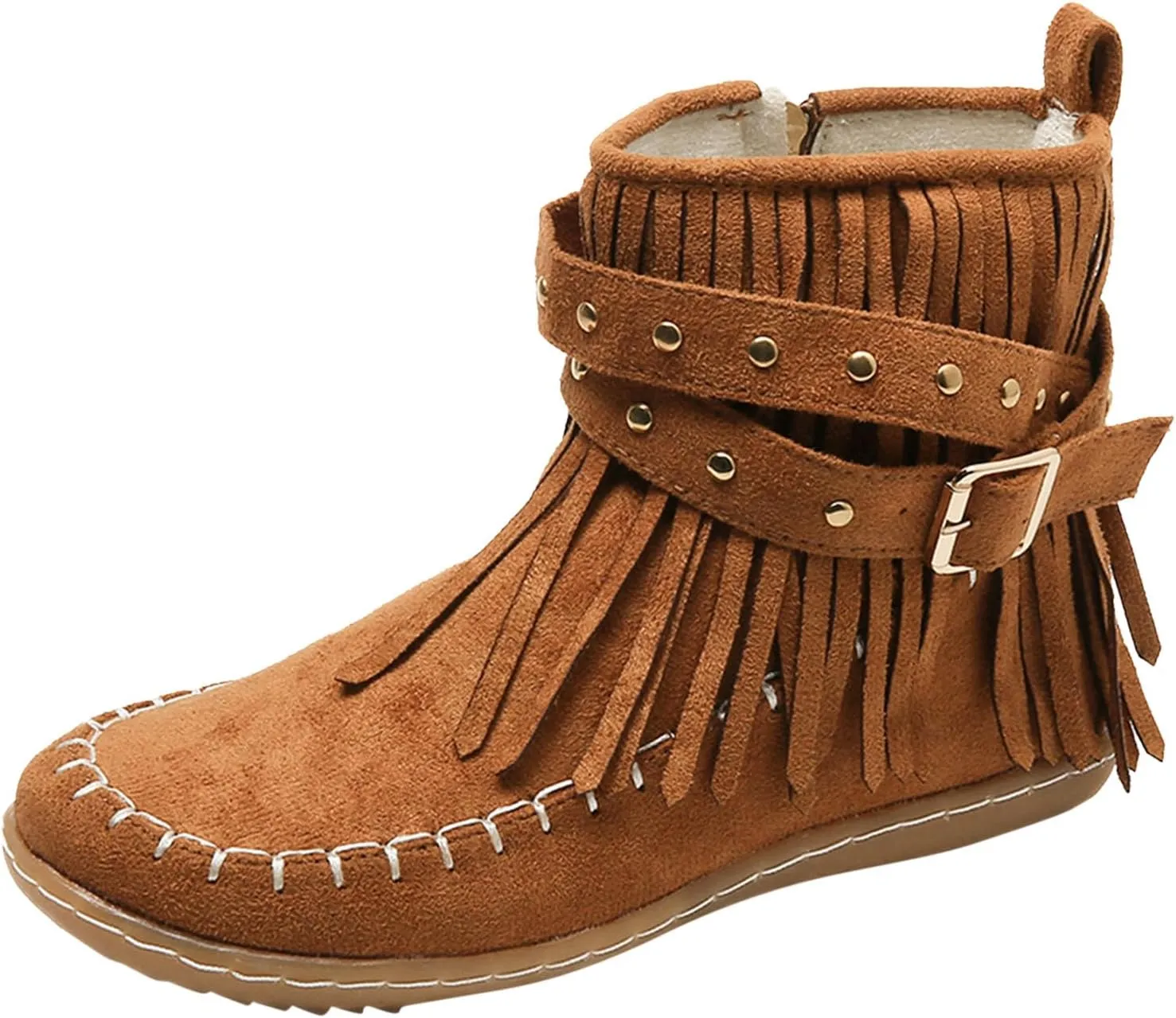 Women's Fringe Ankle Boots Flats Cowboy Boots Warm Walking Boots Winter Slouch Moccasin Boots Western Short Boots