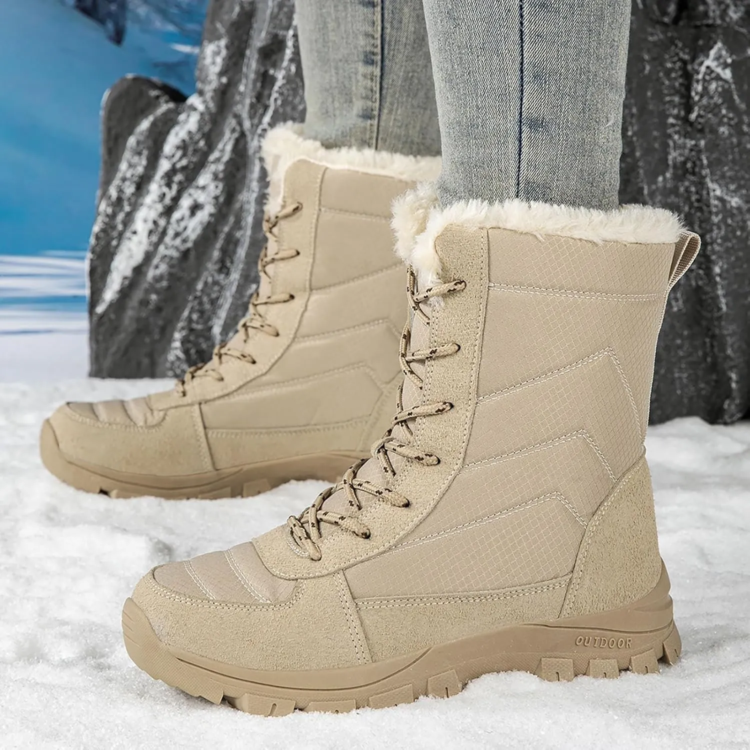 Women's Outdoor Snow Boots Plush Insulated Winter Boots Lace Up Walking Boots Thick Bottom Non Slip Boots