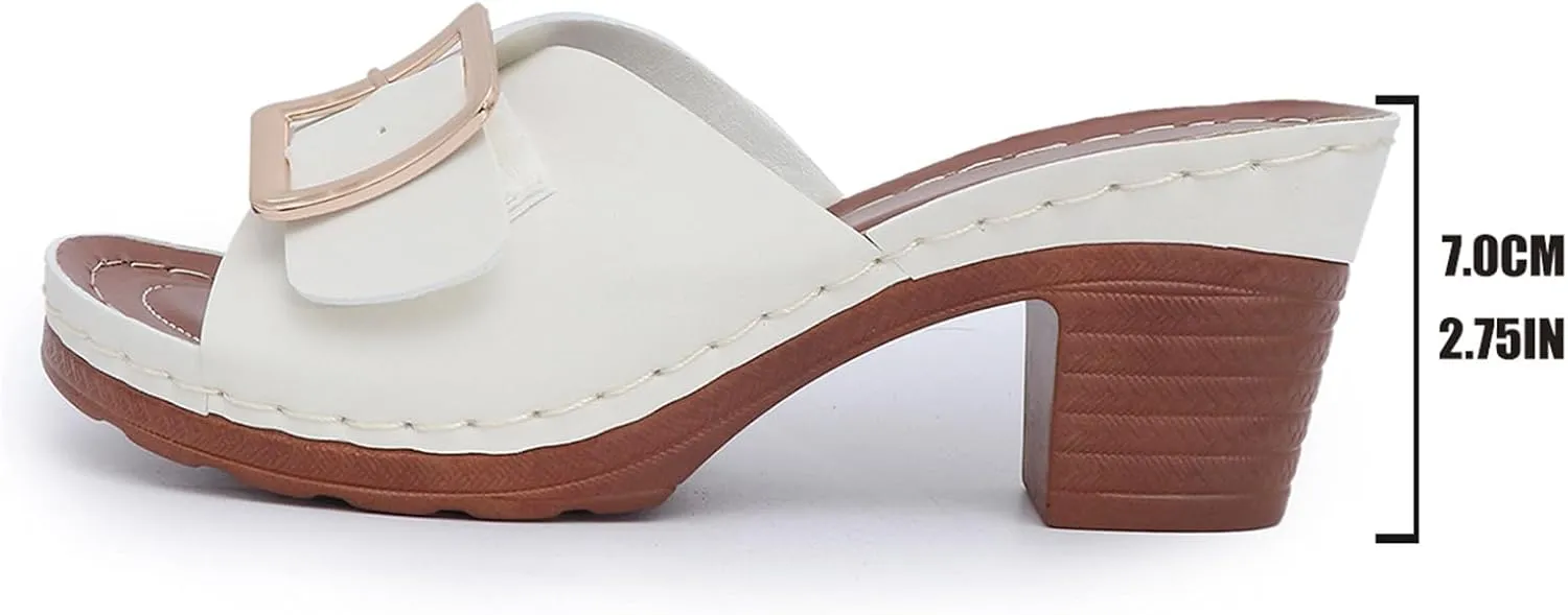 Womens Slide Sandals Wide Width Summer Non Slip Casual Slippers Comfortable Low Chunky Heel Dress Heels with Metal Buckle Wedges Sandals