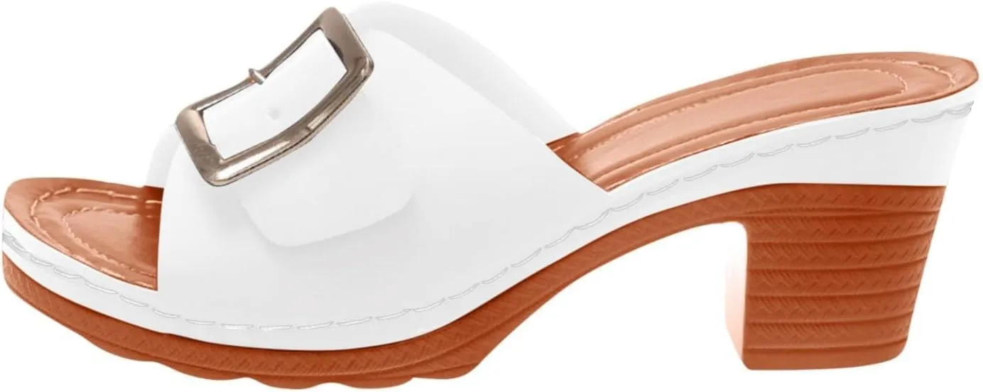 Womens Slide Sandals Wide Width Summer Non Slip Casual Slippers Comfortable Low Chunky Heel Dress Heels with Metal Buckle Wedges Sandals