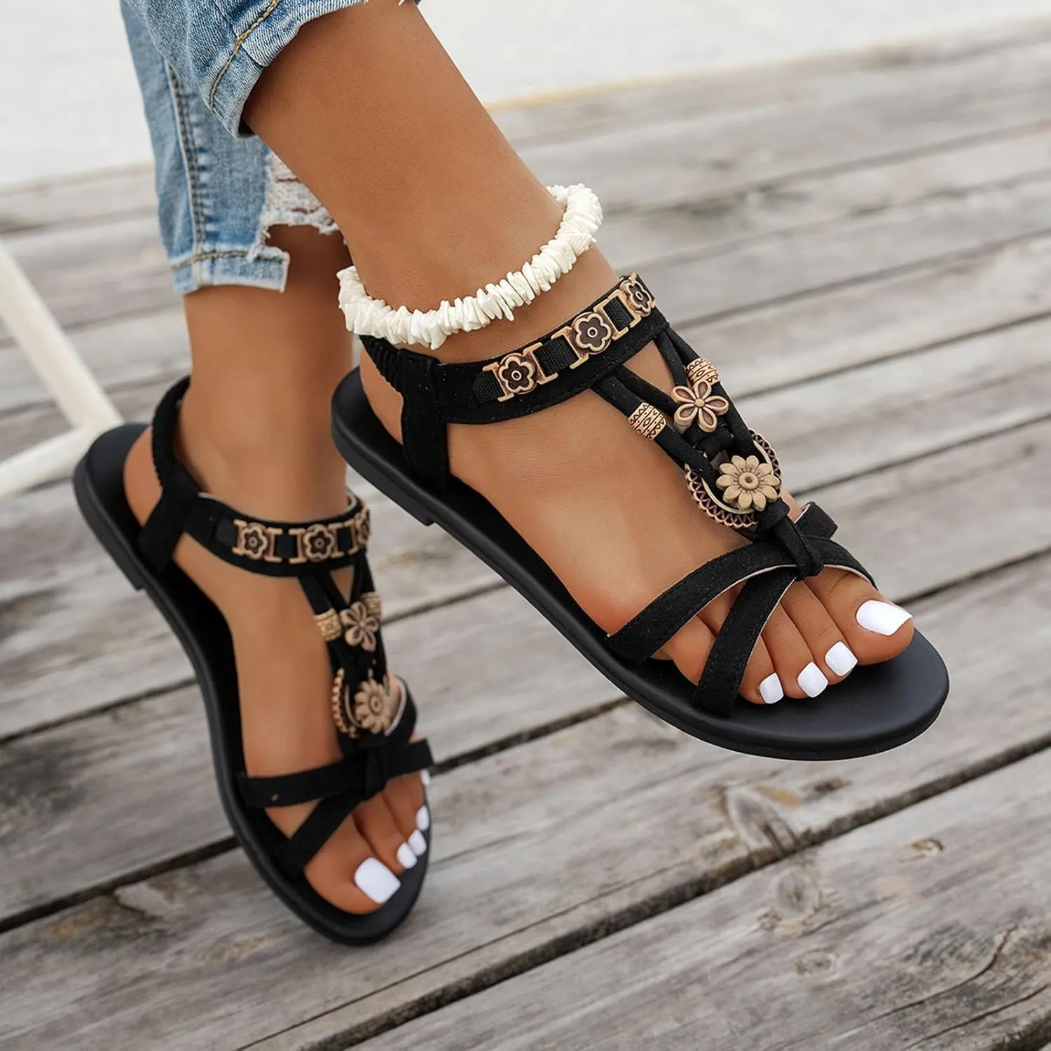 Women's Summer Sandals Open Toe Flat Comfortable Slip On Casual Wear For Daily Use Beach Walking Jeans Outfit
