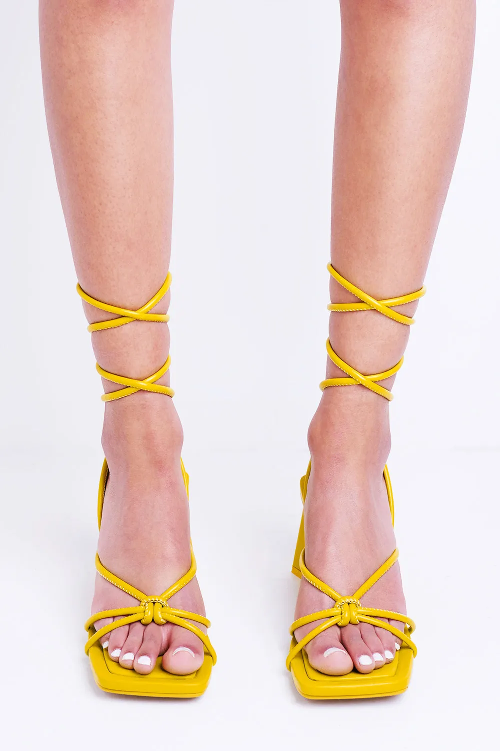 Yellow Square Toe Block Heels With Tie Leg