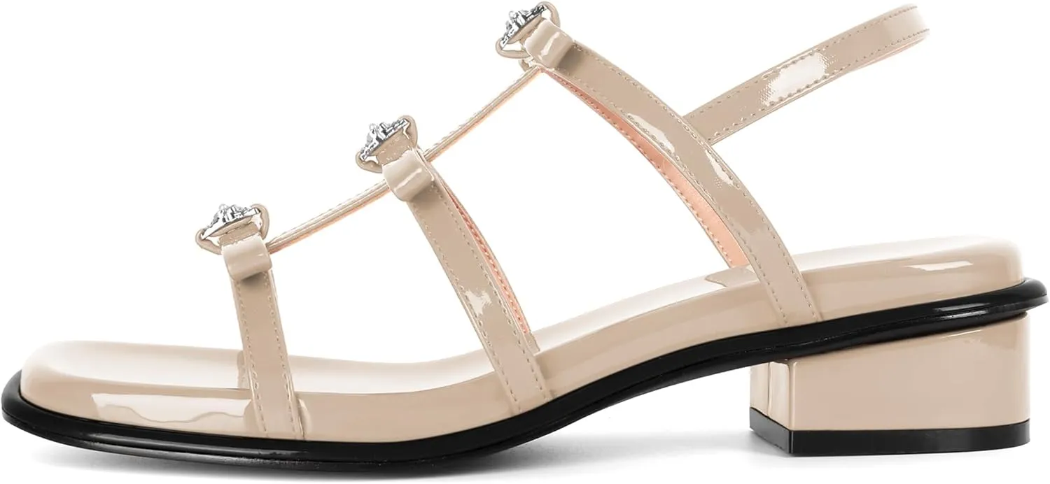 Zamikoo Womens Chunky Block Low Heel Sandals Square Toe Heels Strappy Summer Heeled Sandals Elastic Rhinestone Bow Sandals Cute Casual Dress Shoes 1.2 Inch