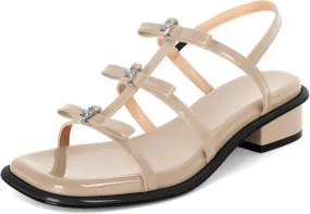 Zamikoo Womens Chunky Block Low Heel Sandals Square Toe Heels Strappy Summer Heeled Sandals Elastic Rhinestone Bow Sandals Cute Casual Dress Shoes 1.2 Inch