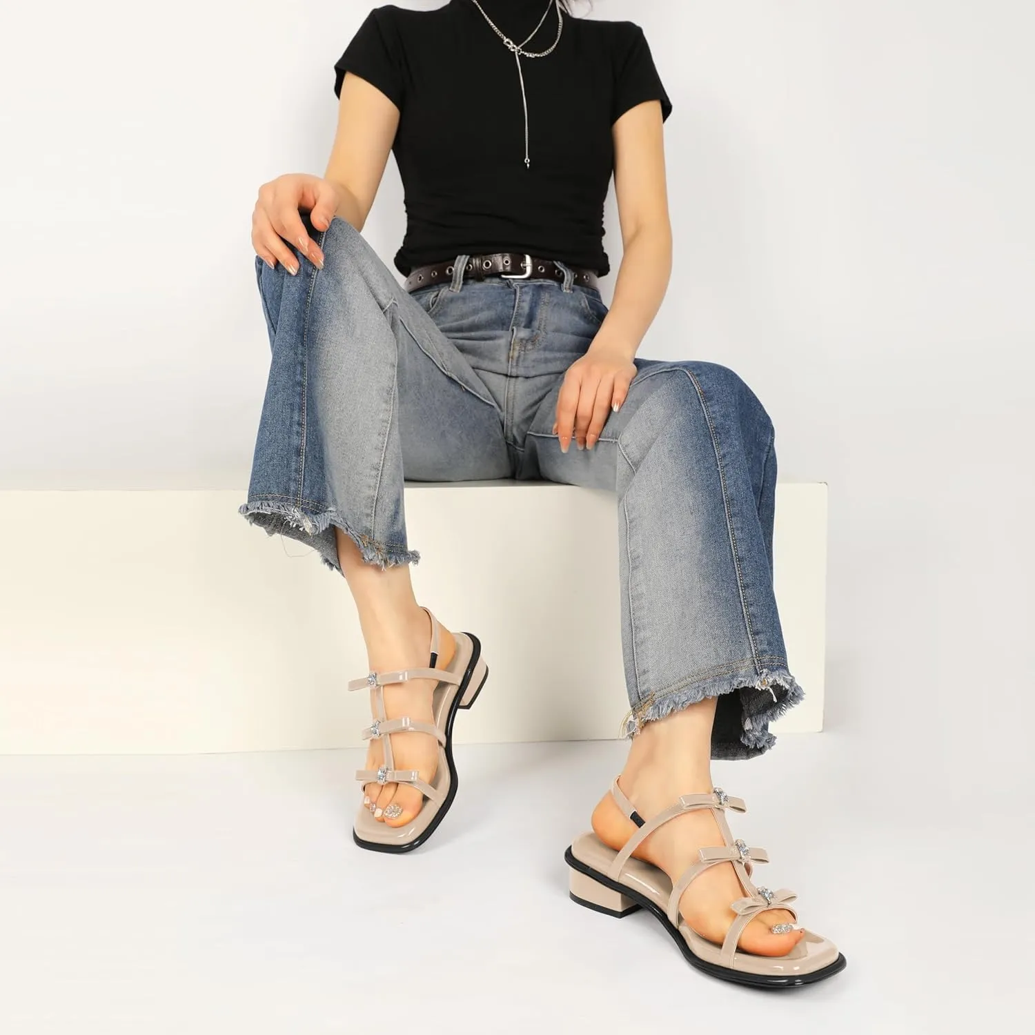 Zamikoo Womens Chunky Block Low Heel Sandals Square Toe Heels Strappy Summer Heeled Sandals Elastic Rhinestone Bow Sandals Cute Casual Dress Shoes 1.2 Inch
